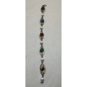 Vintage Egyptian Gold-Filled Revival Scarab Bracelet, Multi Carved Gems, Pearls